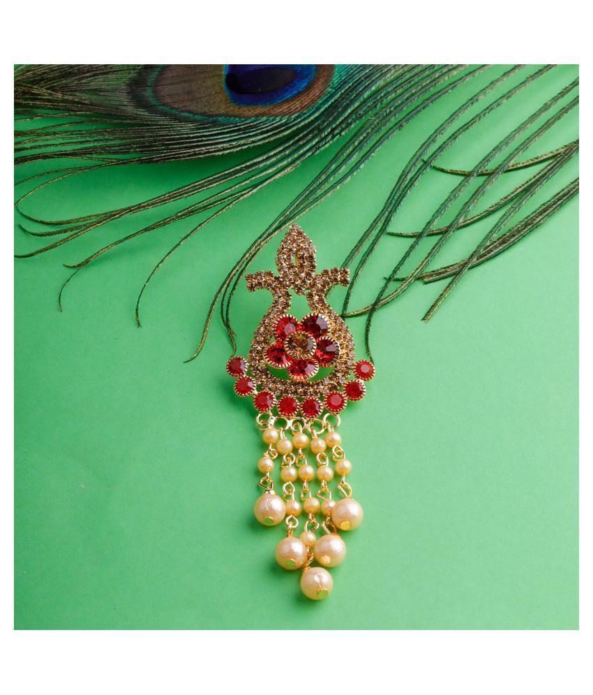     			Silver Shine Traditional Gold Plated Antique Red Colour Diamond Studded Pearl Drop Designer Wedding Brooch For Unisex Jewellery