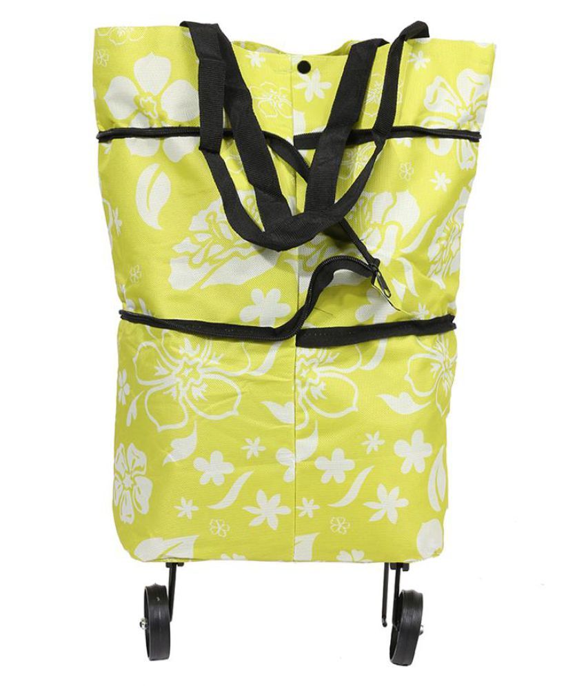     			Foldable Shopping Trolley Bag Wheel Tote Grocery Handbag(Green flower)