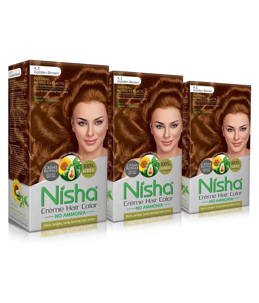 Nisha Golden Brown 43 60gm 60ml 12ml Cream Permanent Hair Color Brown  Golden Brown 43 120 mL Pack of 3 Buy Nisha Golden Brown 43 60gm 60ml  12ml Cream Permanent Hair Color