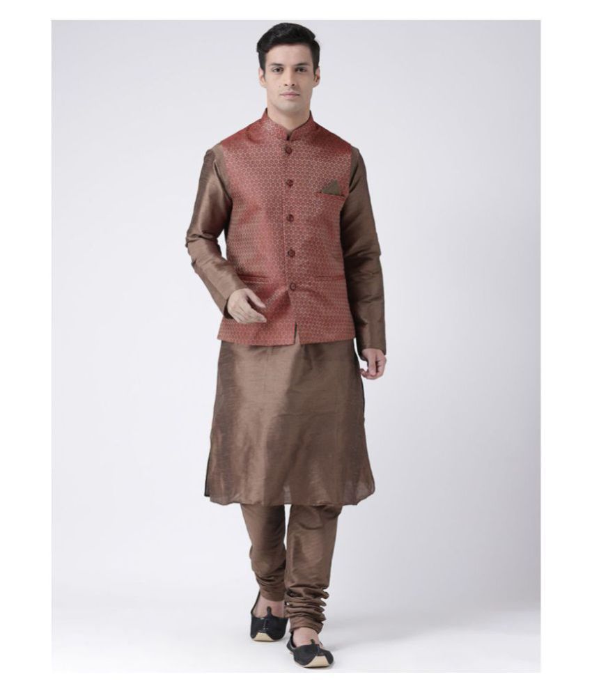     			Deyann Brown Silk Kurta Pyjama Set