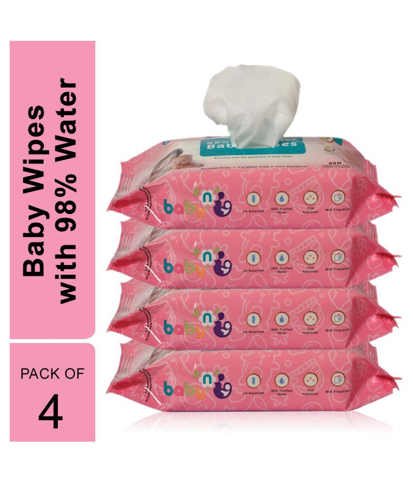 Babynu 98% Pure water wipes (80 wipes/pack) (Pack of 4)