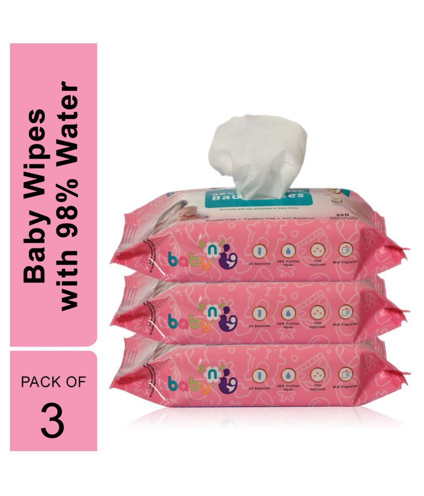 Babynu 98% Pure water wipes (80 wipes/pack) (Pack of 3)