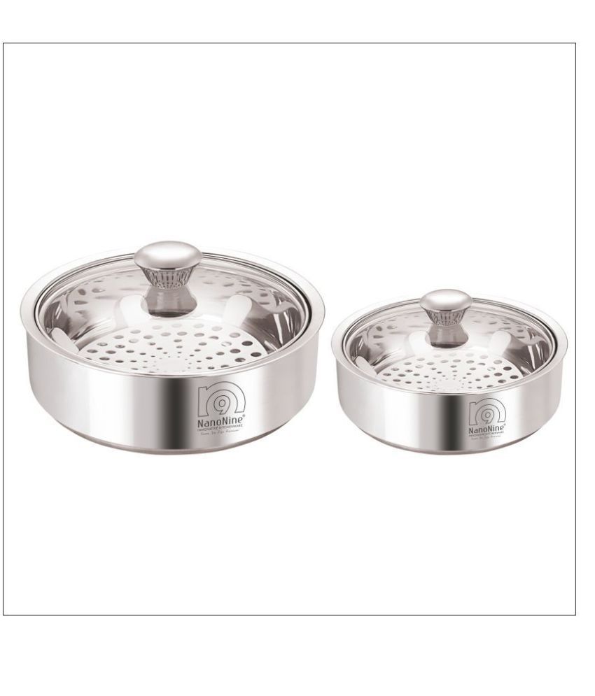 Nanonine Roti Saver Stainless Steel Chapati Pot With Glass Lid, Set Of 2, Mini-Small, 800 Ml, 1250 Ml, Silver