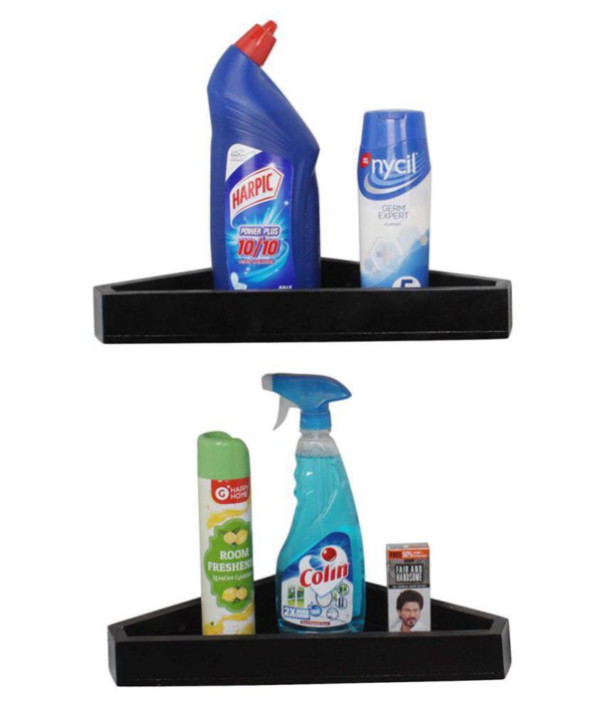 HOUZIE Home Sparkle Wooden Corner Wall Shelf Brown Set of 2