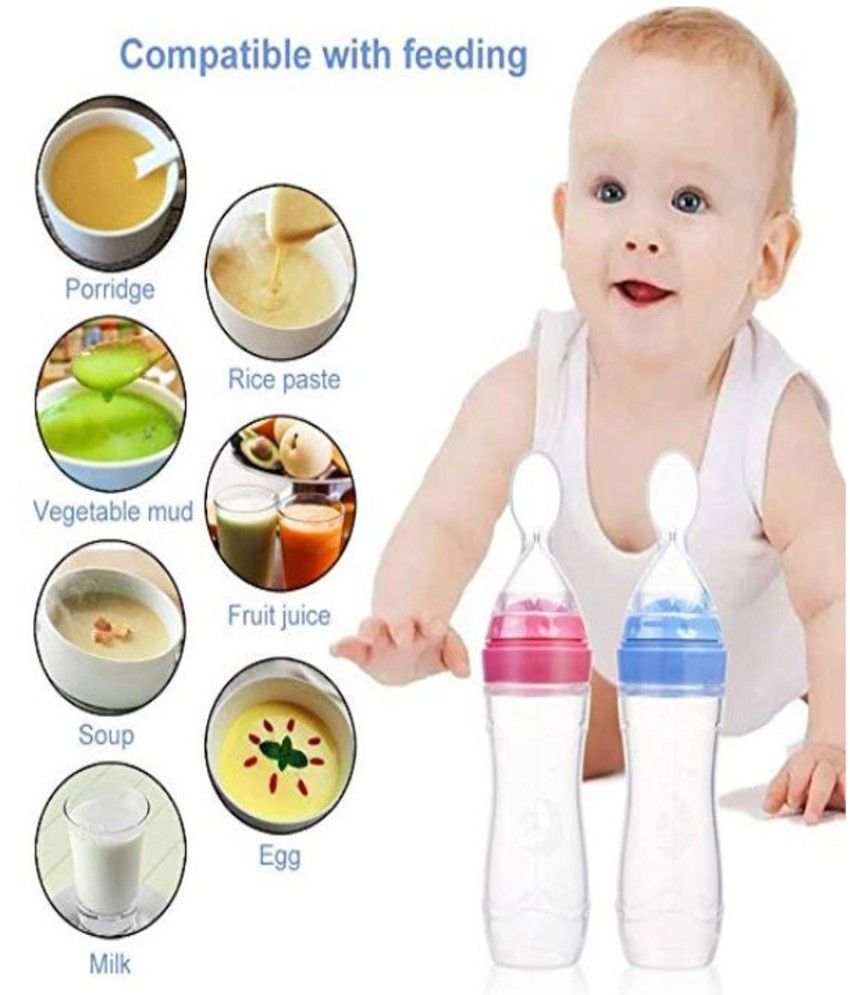 1pc Infant Silica Gel Feeding Bottle With Spoon Food Supplement