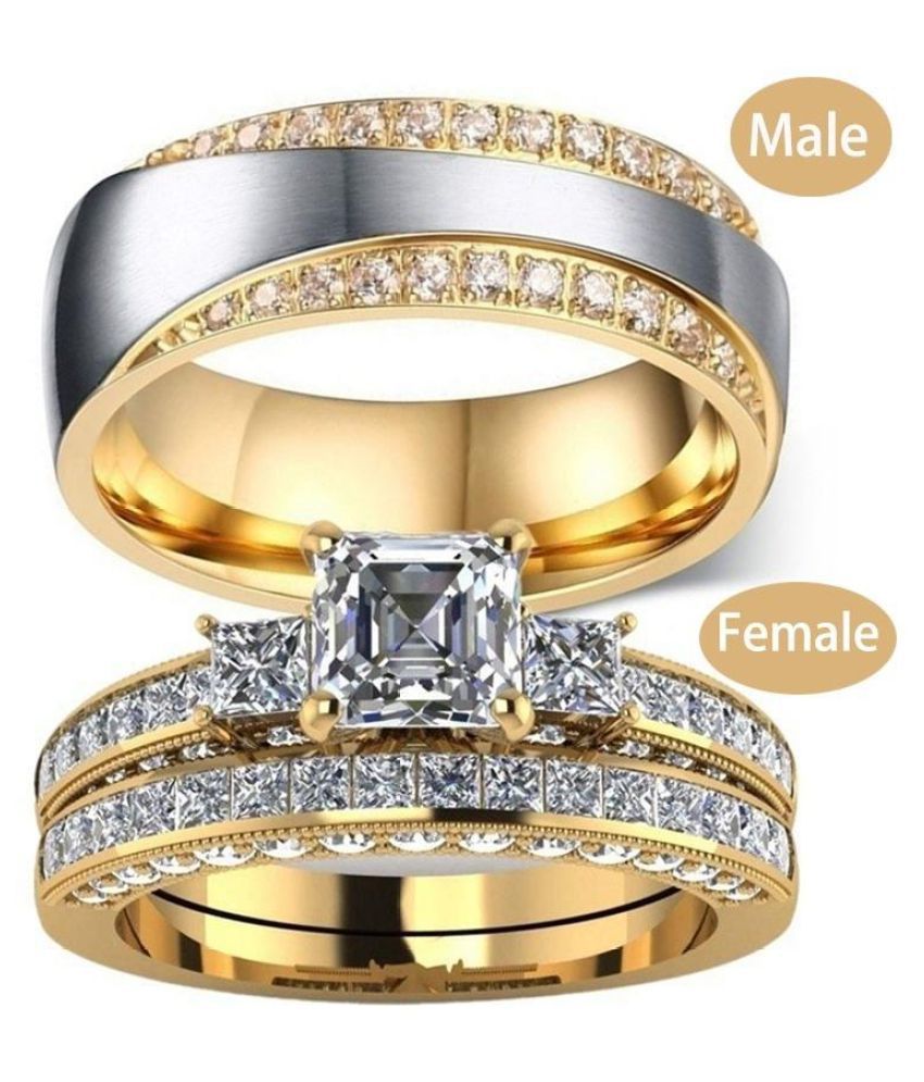 New Couple Rings His Her Rhinestone 18K Gold Princess Cut Zircon ...