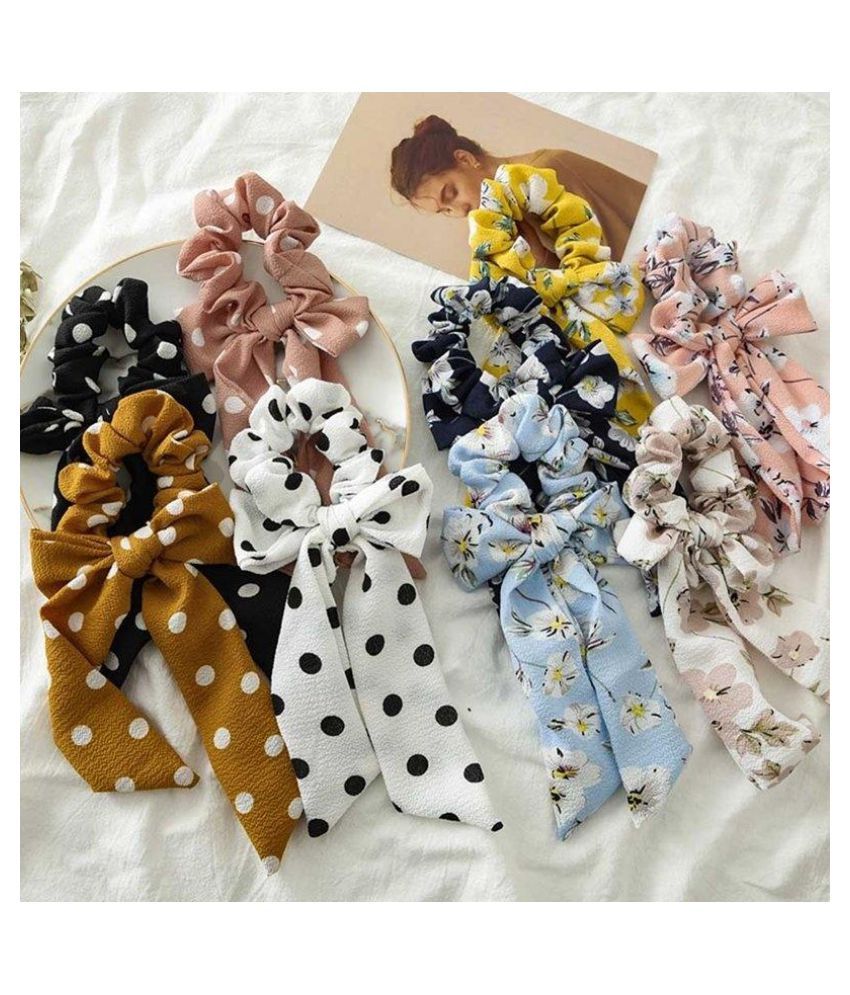 Bow Streamer Hair Scarf Bowknot Dot Solid Soft Cloth Ponytail