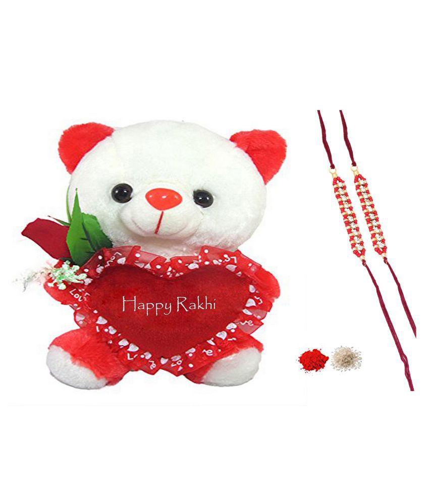     			Tickles Happy Rakhi Cute Teddy with Rakhi for Brother Soft Stuffed Plush Animal for Raksha Bandhan (Color: White & Red Size:26 cm)