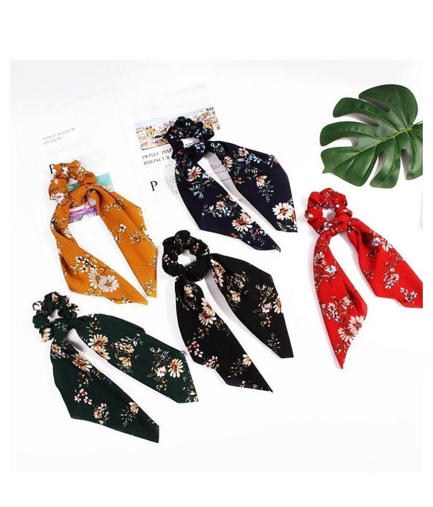 Floral Print Long Hair Scrunchies Bow Hair Rubber Soft Cloth