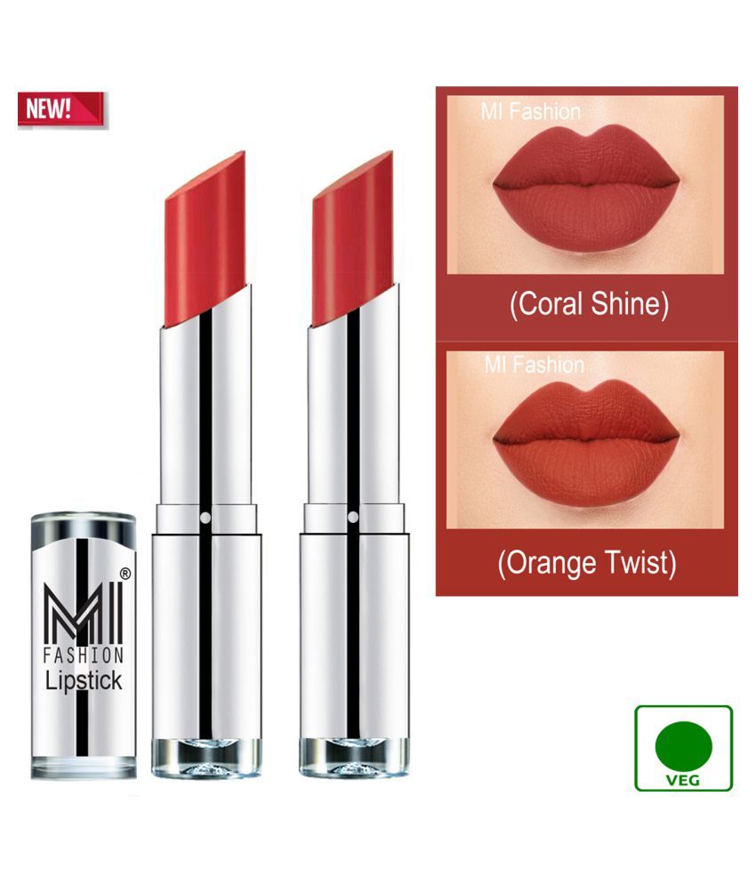     			MI FASHION 100% Veg Soft Matte Long Stay Lipstick Combo Coral,Orange Multi Pack of 2 7 g