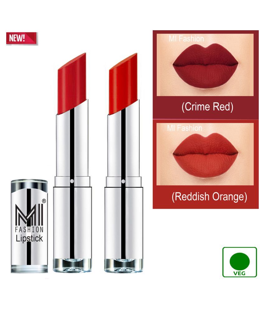     			MI FASHION 100% Veg Soft Matte Long Stay Lipstick Combo Red,Orange Multi Pack of 2 7 g