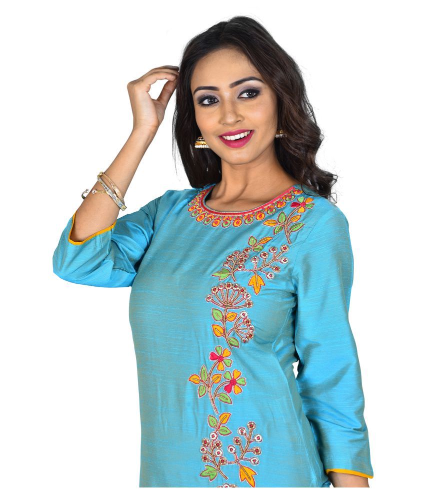 J JADU Blue Silk Straight Kurti - Buy J JADU Blue Silk Straight Kurti ...