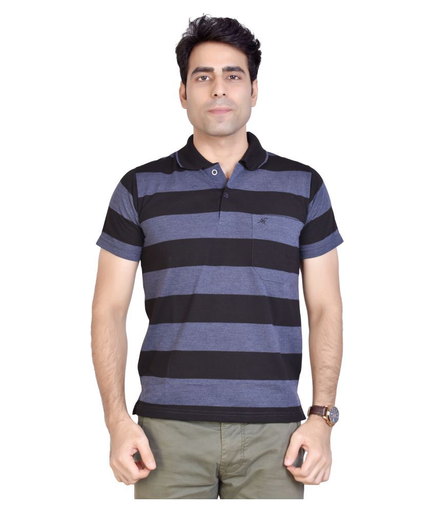     			Awack Cotton Blend Black Stripers Polo T Shirt