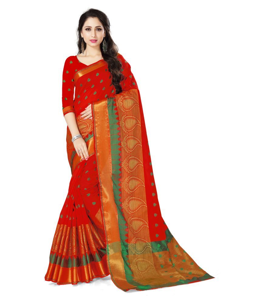     			FABMORA Red Cotton Silk Saree