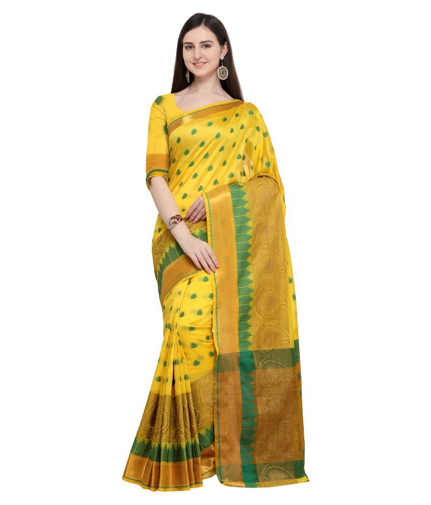     			FABMORA Yellow Cotton Silk Saree