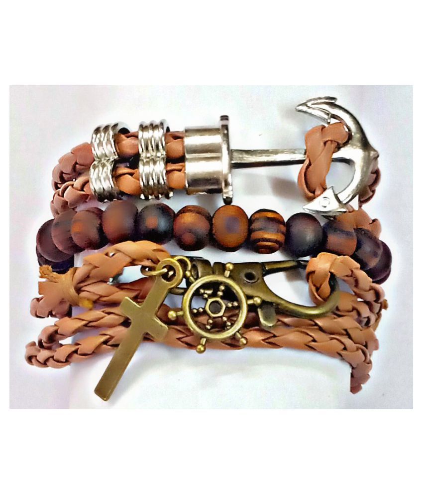 Combo of 3 Anchor Braided Rope & Leather Bracelet for Men and Women