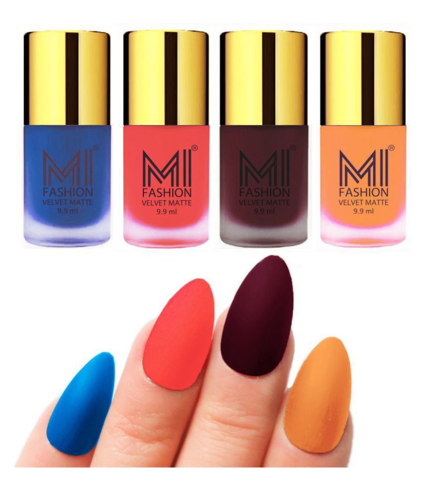     			MI FASHION Matte Nail Paint Set Combo Orange Nail Polish Red Wine,Saffron Blue Matte Pack of 4 40 mL