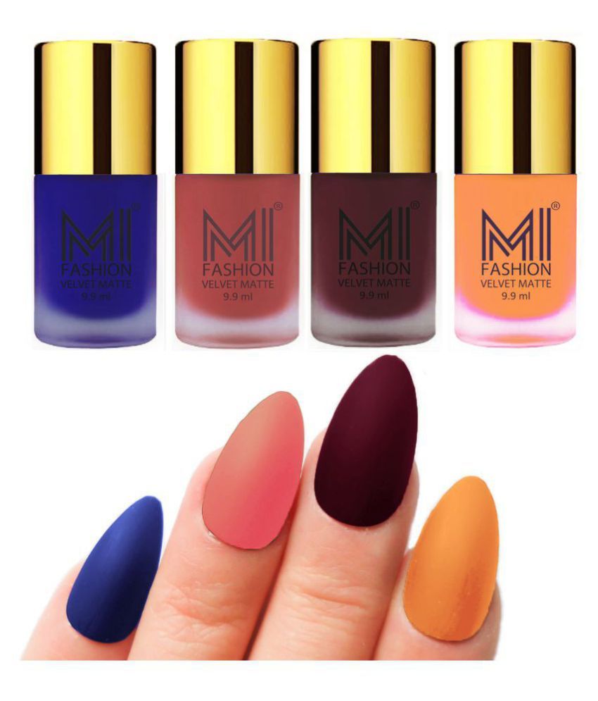     			MI FASHION Matte Nail Paint Set Combo Peach Nail Polish Red Wine,Saffron Blue Matte Pack of 4 40 mL