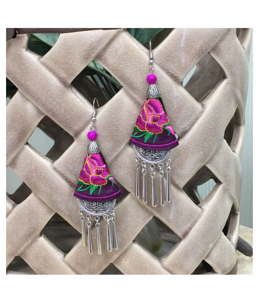     			Digital Dress Room Ethnic Silver Plated Oxidised Metal Alloy Hook Earrings Traditional lightweight Multicolored Embroidered Floral & beads Dangler Earrings Stylish Fancy Party Wear Jewellery For Women and Girl