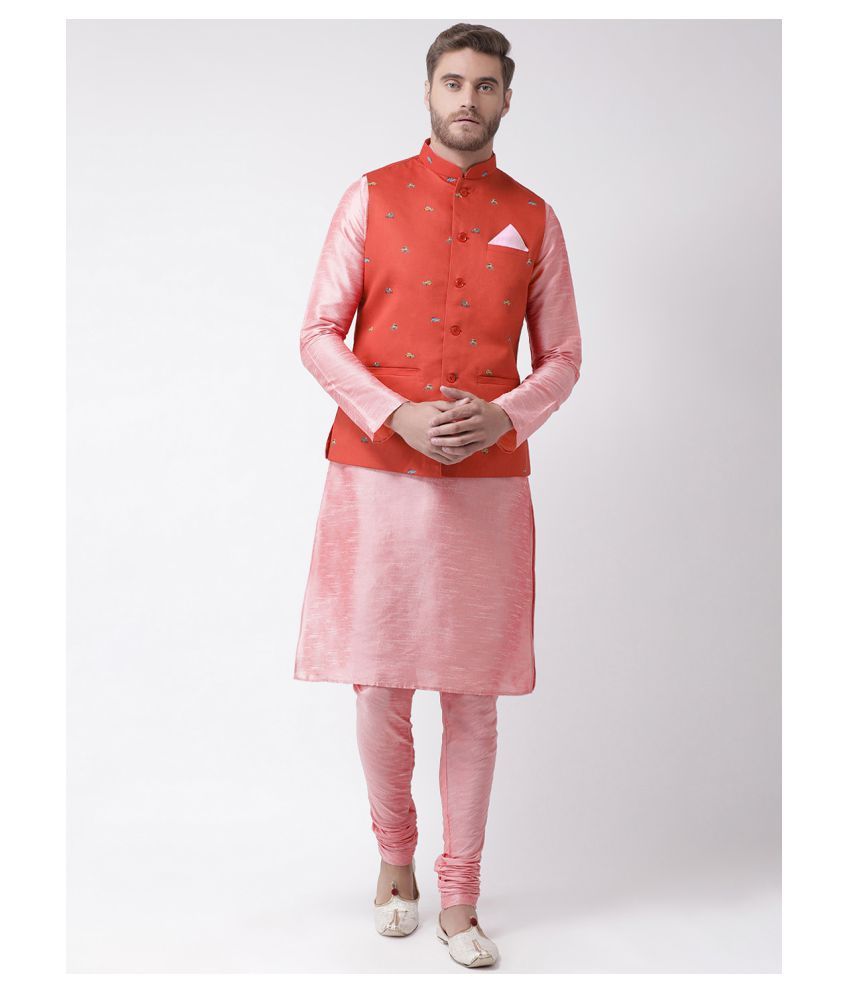     			Deyann Red Linen Kurta Pyjama Set