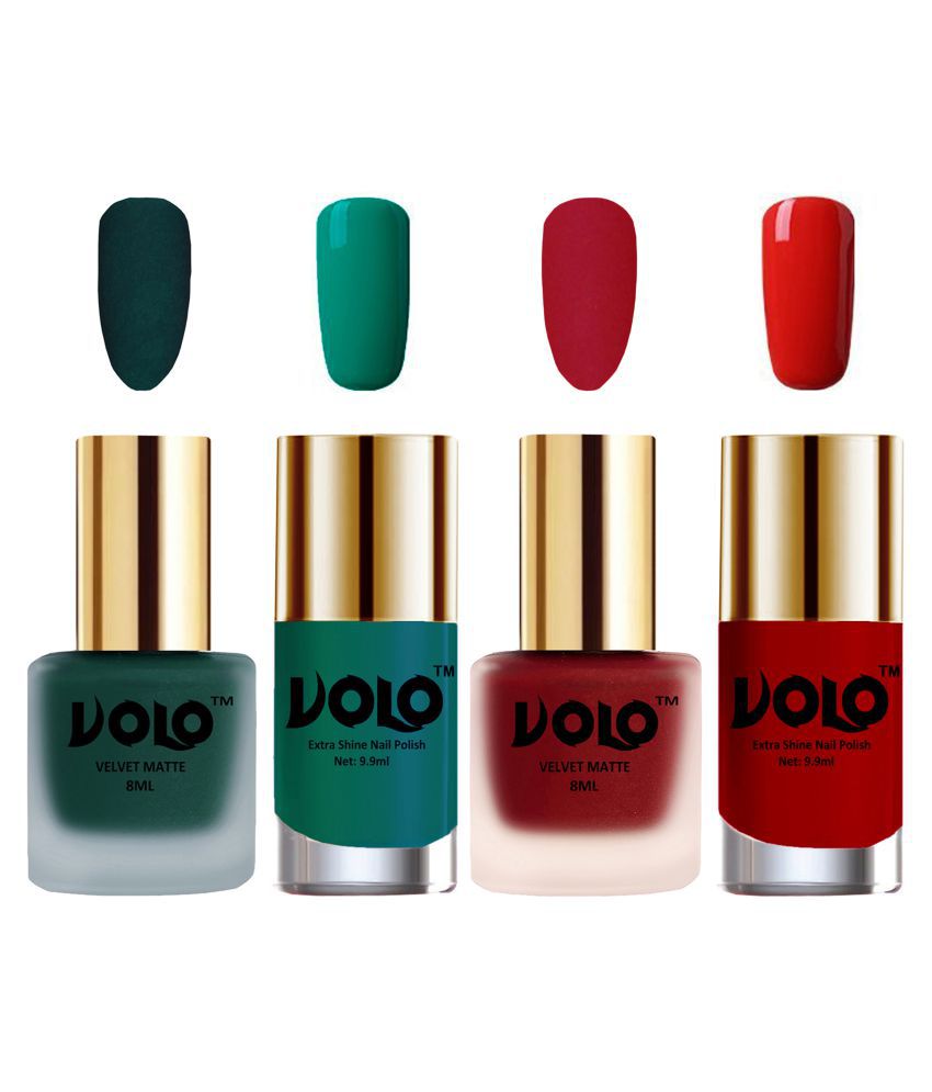     			VOLO Extra Shine AND Dull Velvet Matte Nail Polish Green,Red,Green, Orange Glossy Pack of 4 36 mL