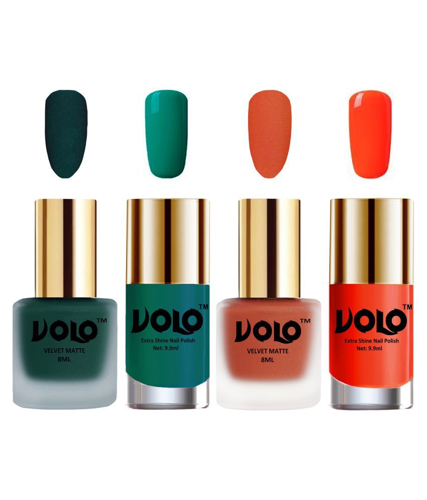     			VOLO Extra Shine AND Dull Velvet Matte Nail Polish Green,Orange,Green, Coral Glossy Pack of 4 36 mL