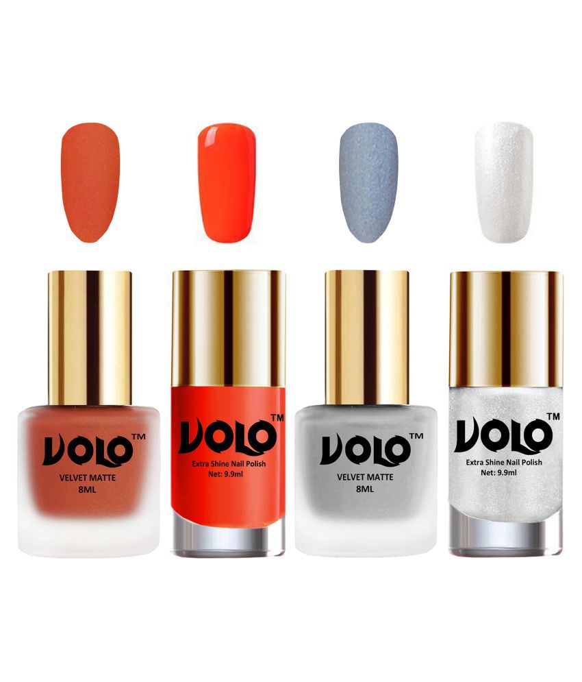     			VOLO Extra Shine AND Dull Velvet Matte Nail Polish Orange,Silver,Coral, Silver Glossy Pack of 4 36 mL