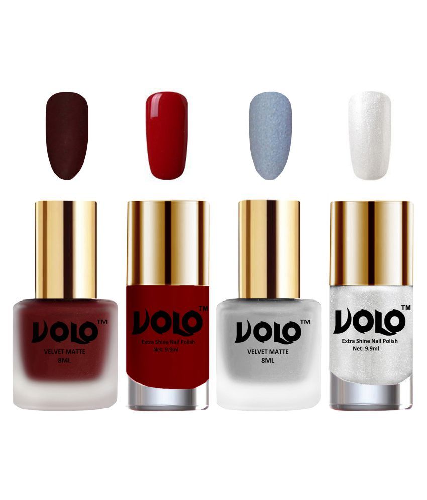     			VOLO Extra Shine AND Dull Velvet Matte Nail Polish Maroon,Silver,Red, Silver Glossy Pack of 4 36 mL