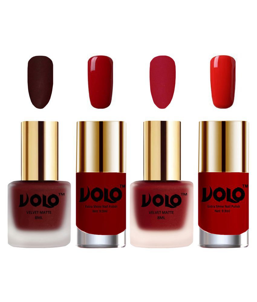     			VOLO Extra Shine AND Dull Velvet Matte Nail Polish Maroon,Red,Red, Orange Glossy Pack of 4 36 mL