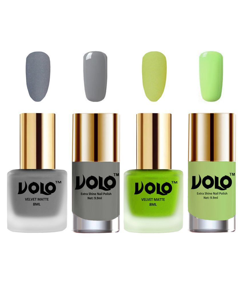     			VOLO Extra Shine AND Dull Velvet Matte Nail Polish Grey,Green,Grey, Green Glossy Pack of 4 36 mL