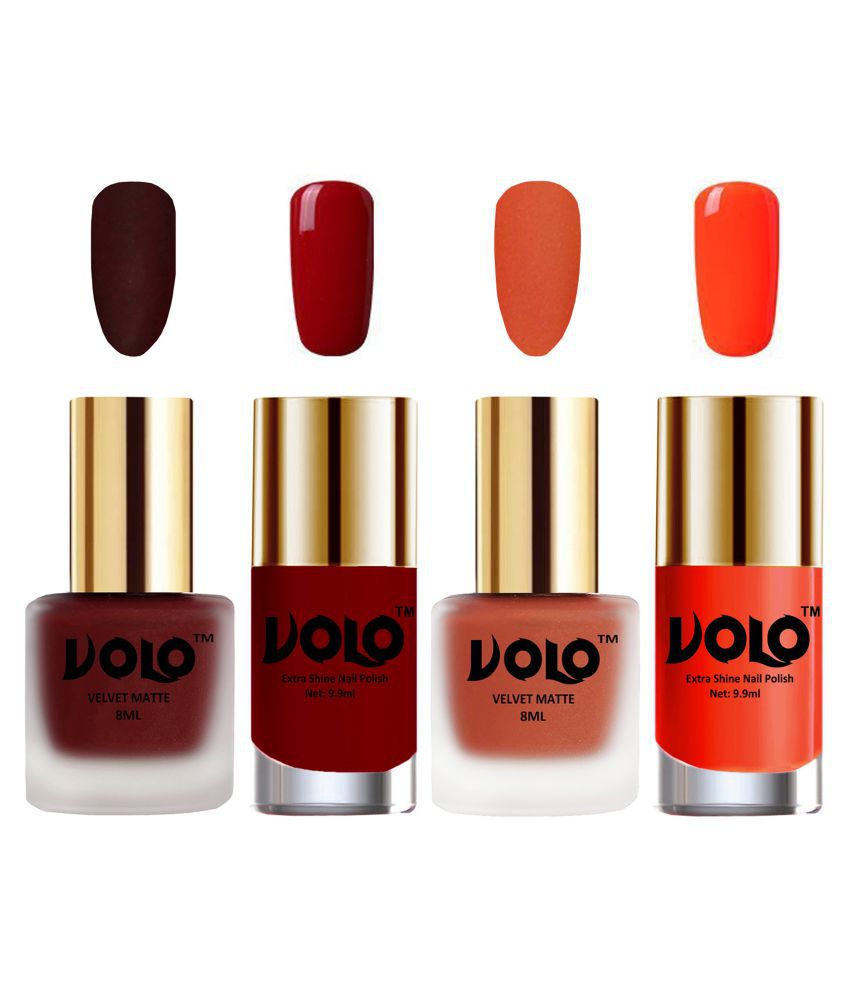    			VOLO Extra Shine AND Dull Velvet Matte Nail Polish Maroon,Orange,Red, Coral Glossy Pack of 4 36 mL
