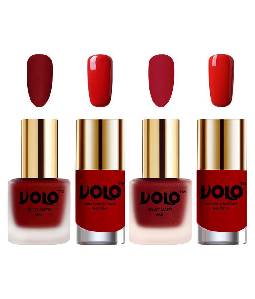     			VOLO Extra Shine AND Dull Velvet Matte Nail Polish Red,Red,Red, Orange Glossy Pack of 4 36 mL