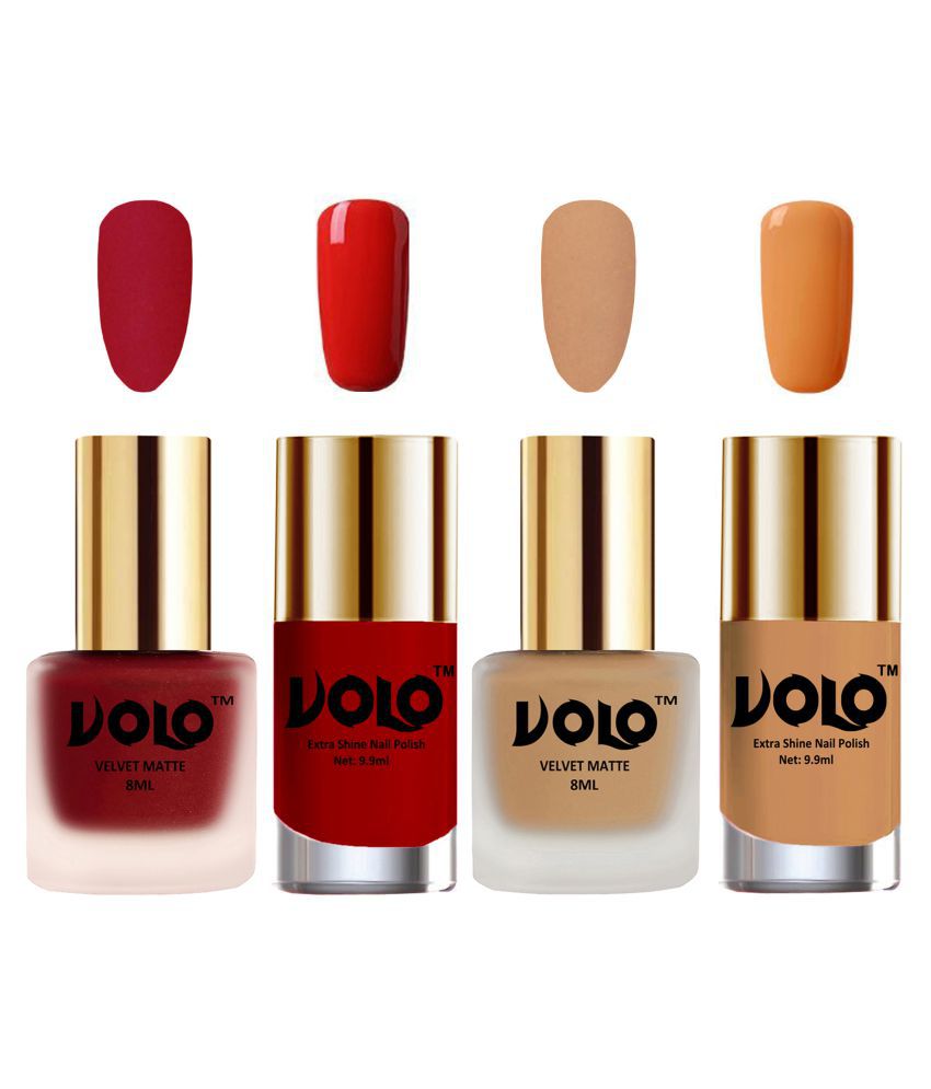     			VOLO Extra Shine AND Dull Velvet Matte Nail Polish Red,Nude,Orange, Nude Glossy Pack of 4 36 mL