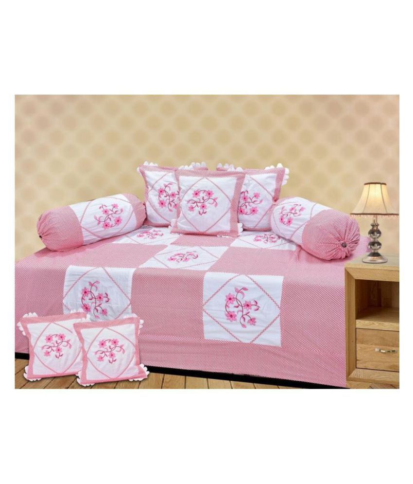 HomeStore-YEP Cotton Pink Floral Diwan Set 8 Pcs