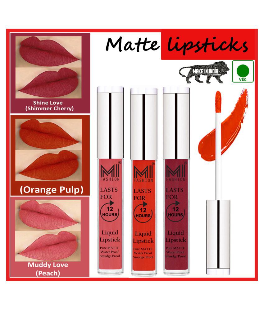     			MI FASHION Long Lasting Matte Veg Lips Liquid Lipstick Orange,Cherry Red Peach Pack of 3 9 mL