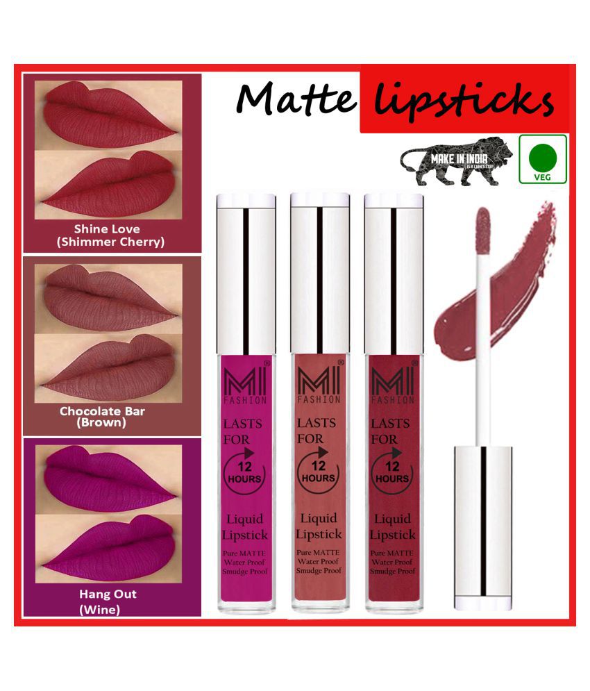     			MI FASHION Long Stay Kiss Proof Matte Lip Liquid Lipstick Brown,Cherry Red Wine Pack of 3 9 mL