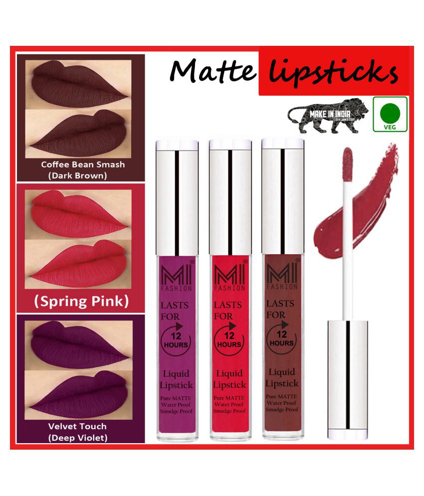     			MI FASHION Long Stay Kiss Proof Matte Lip Liquid Lipstick Pink,Coffee Purple Pack of 3 9 mL