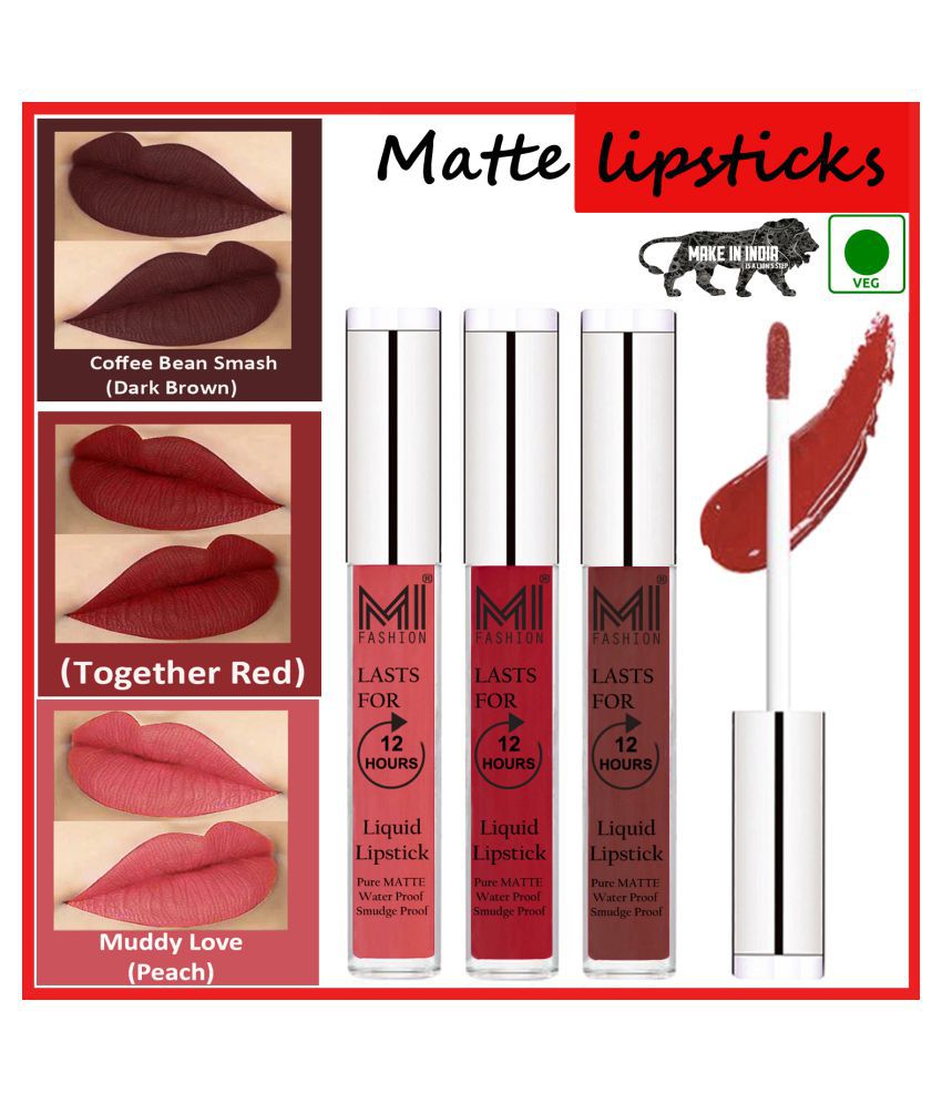     			MI FASHION Long Stay Kiss Proof Matte Lip Liquid Lipstick Red,Coffee Peach Pack of 3 9 mL