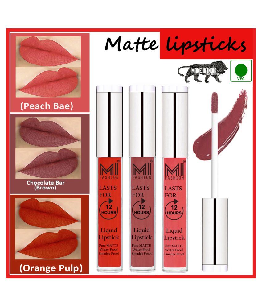     			MI FASHION Long Stay Kiss Proof Matte Lip Liquid Lipstick Brown,Peach Orange Pack of 3 9 mL