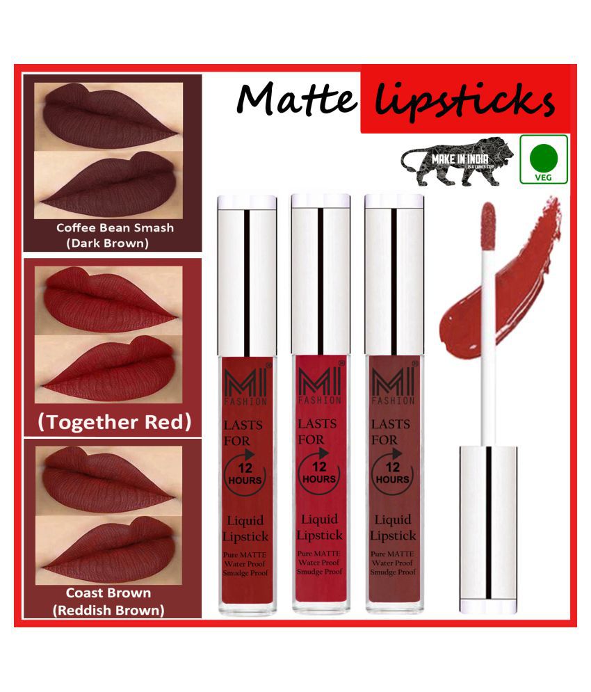     			MI FASHION Long Stay Kiss Proof Matte Lip Liquid Lipstick Red,Coffee Multi Pack of 3 9 mL