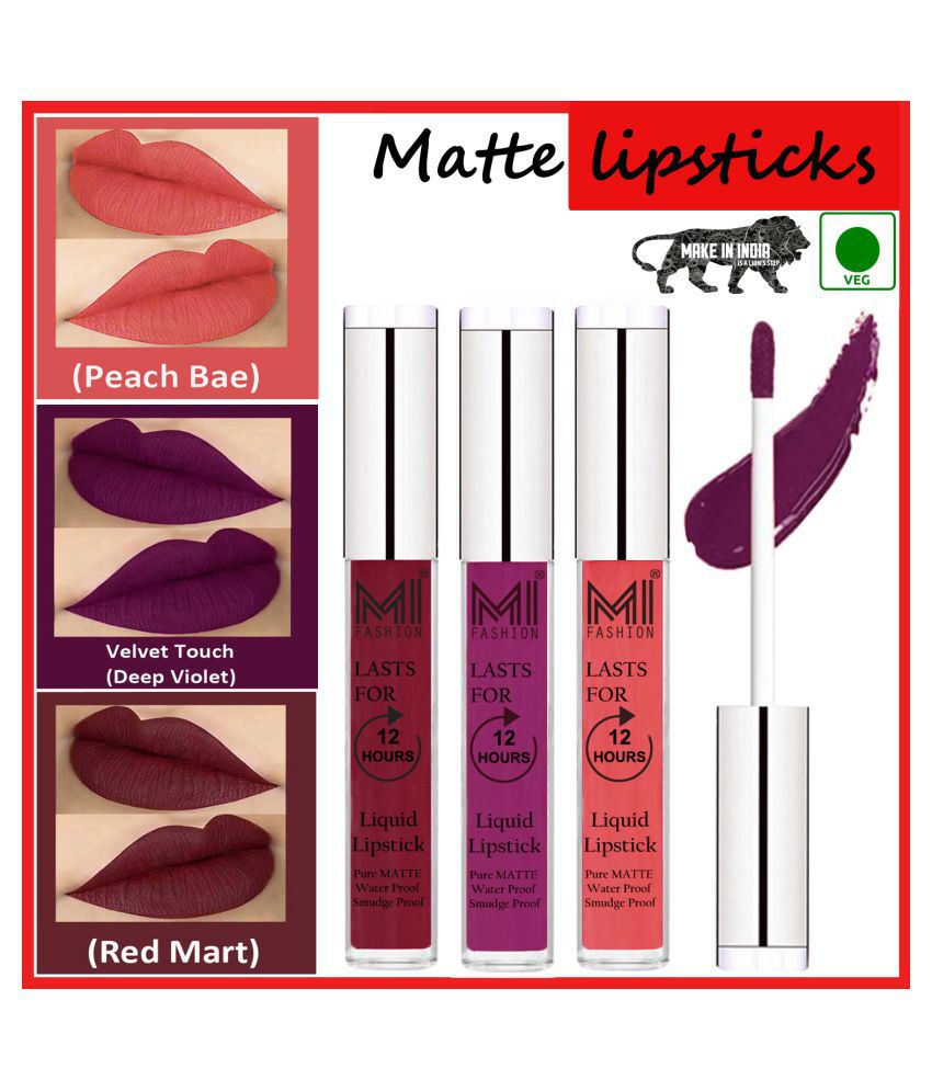     			MI FASHION Long Stay Kiss Proof Matte Lip Liquid Lipstick Violet,Peach Red Pack of 3 9 mL