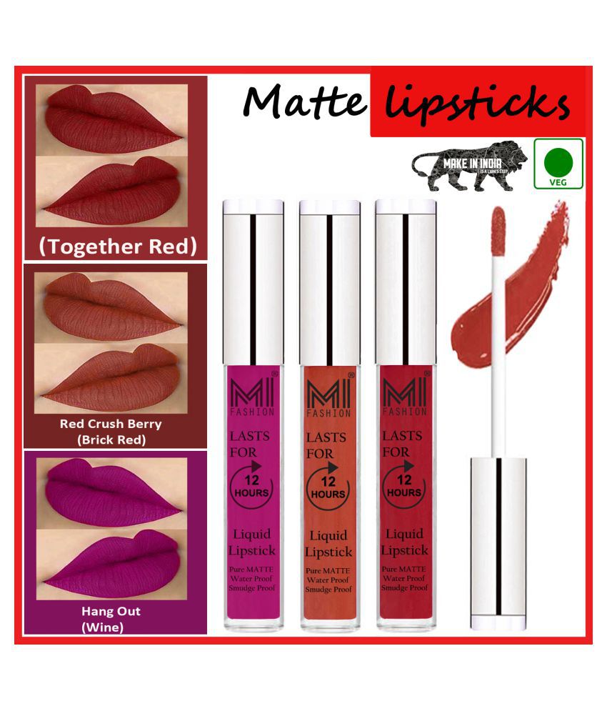     			MI FASHION Long Stay Made in India Matte Liquid Lipstick Brick Red,Red Wine Pack of 3 9 mL