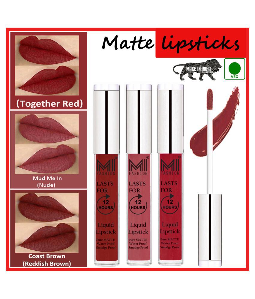     			MI FASHION Long Stay Made in India Matte Liquid Lipstick Nude,Red Multi Pack of 3 9 mL