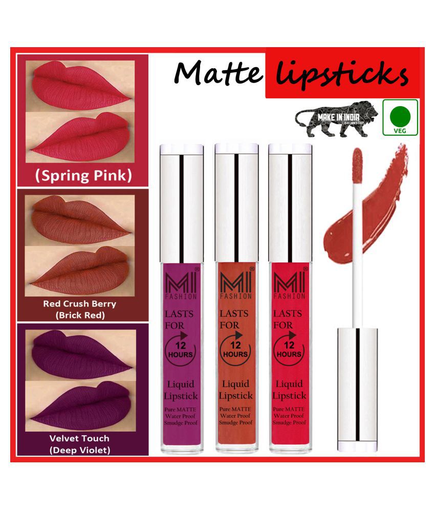     			MI FASHION Long Stay Made in India Matte Liquid Lipstick Brick Red,Pink Purple Pack of 3 9 mL