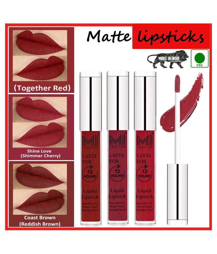     			MI FASHION Long Stay Made in India Matte Liquid Lipstick Cherry Red,Red Multi Pack of 3 9 mL