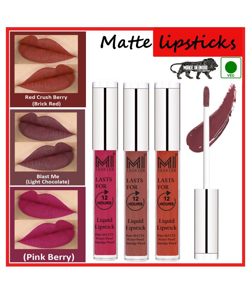     			MI FASHION Long Stay Made in India Matte Liquid Lipstick Chocolate,Brick Red Ruby Pink Pack of 3 9 mL