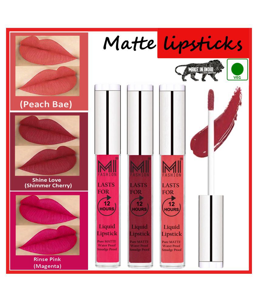     			MI FASHION Matte Lip Waterproof Long Stay Liquid Lipstick Cherry Red,Peach Ruby Pink Pack of 3 9 mL