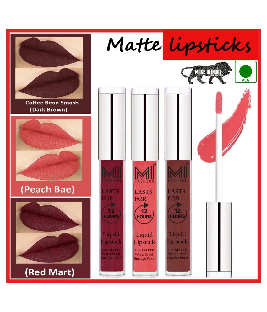     			MI FASHION Matte Lip Waterproof Long Stay Liquid Lipstick Peach,Coffee Red Pack of 3 9 mL