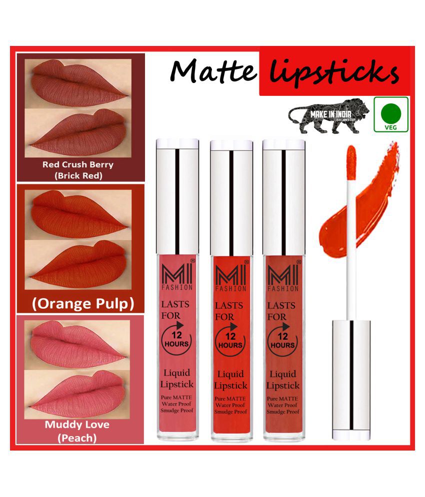     			MI FASHION Matte Lips Intens Color Payoff Liquid Lipstick Orange,Brick Red Peach Pack of 3 9 mL