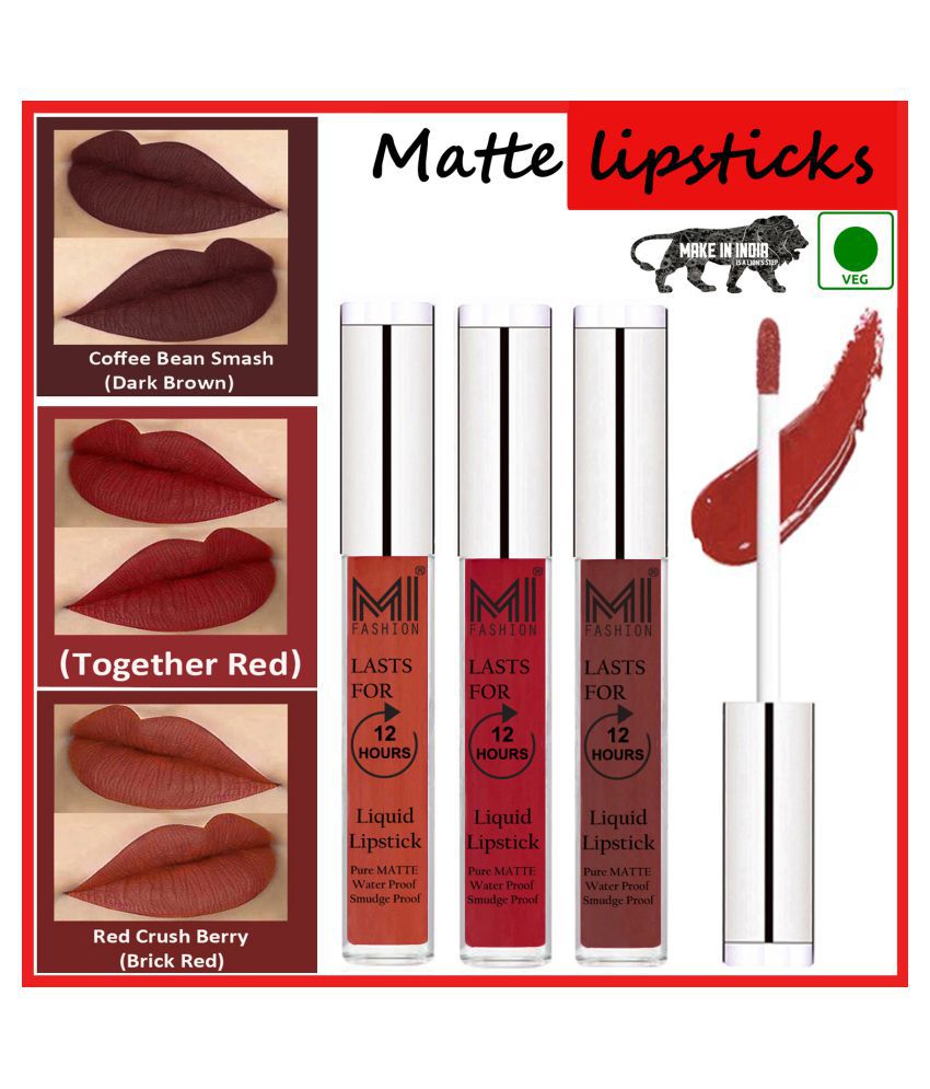     			MI FASHION Matte Lips Intens Color Payoff Liquid Lipstick Red,Coffee Multi Pack of 3 9 mL